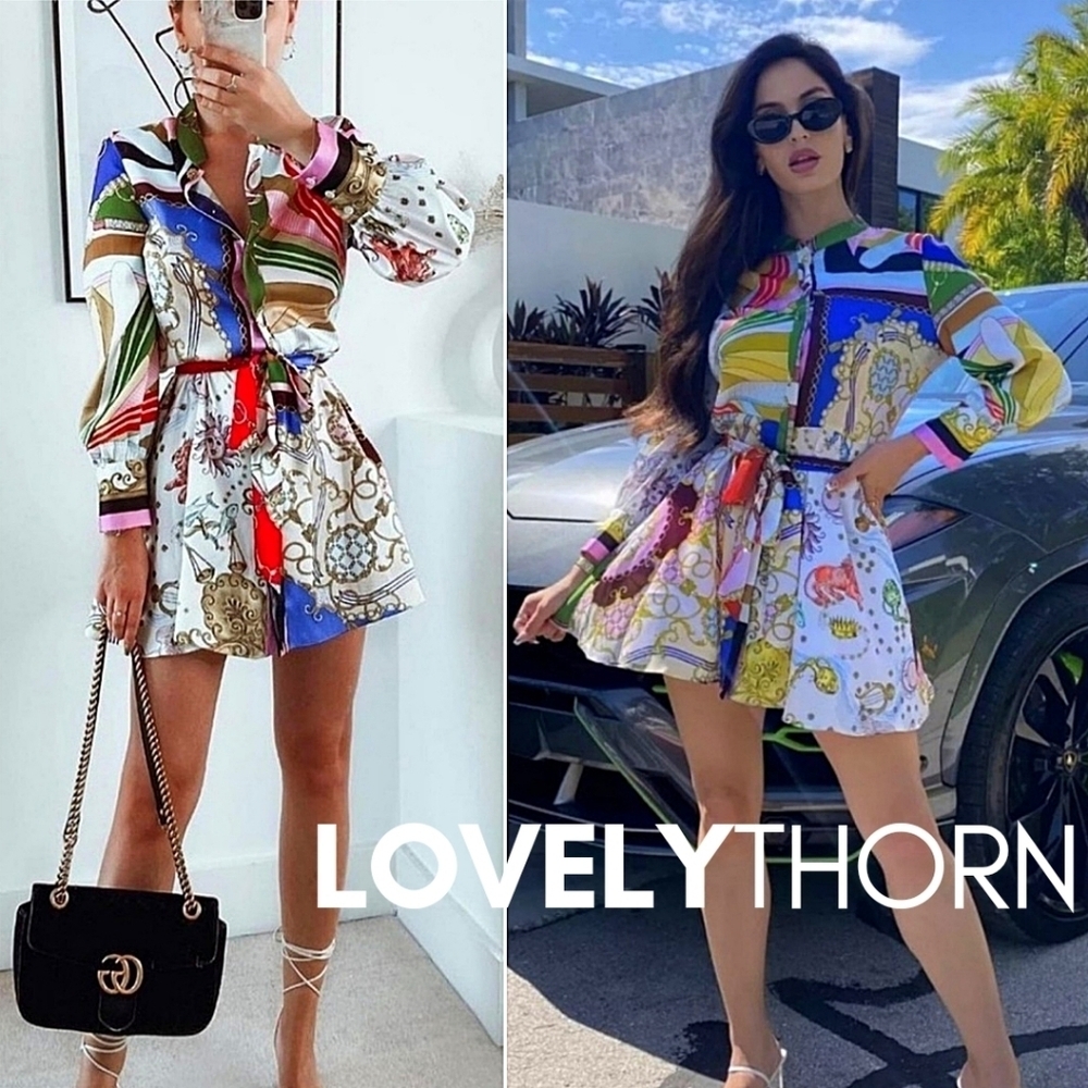 ZARA // blogger fave satin effect scarf print belted long sleeve mini dress